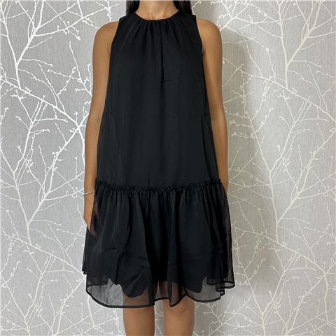 Abito Corto Smanicato Con Balza, Taglia: S, Colore: NERO