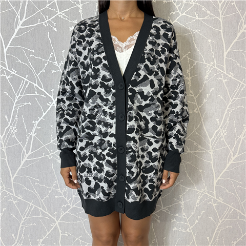 Cardigan Jacquard Con Tasche Applicate Sull Davanti Cardigan Jacquard Con Tasche Applicate Sull Davanti, Taglia: M, Colore: ANIMALIER GREY