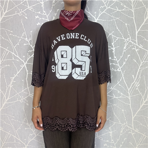 T-shirt Over Con Bandana Stampa E Bordi In Pizzo Art. Cmap056, Taglia: U, Colore: MORO