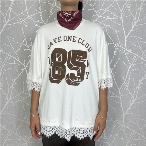 T-shirt Over Con Bandana Stampa E Bordi In Pizzo Art. Cmap056, Taglia: U, Colore: PANNA