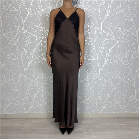 Abito Lungo Bretellina Con Particolare In Pizzo Art. S38m0740, Taglia: M, Colore: MOKA