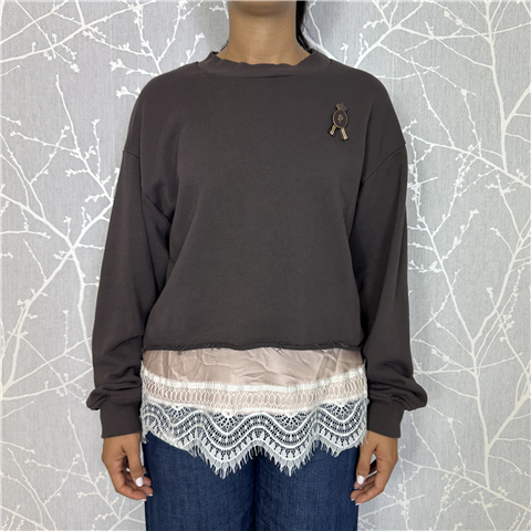 Felpa Crop Con Top Dettagli In Pizzo Art. S38m0783, Taglia: M, Colore: CIOCCOLATO