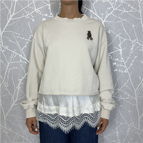 Felpa Crop Con Top Dettagli In Pizzo Art. S38m0783, Taglia: M, Colore: GESSO
