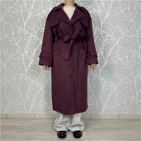 Cappotto Scamosciato Effetto Suede Con Cintura In Vita Art. Cp280, Taglia: M, Colore: BORDEAUX