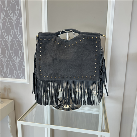 Borsa In Pelle Scamosciata Con Borchie E Frange Art. 6065, Taglia: U, Colore: GRIGIO SCURO