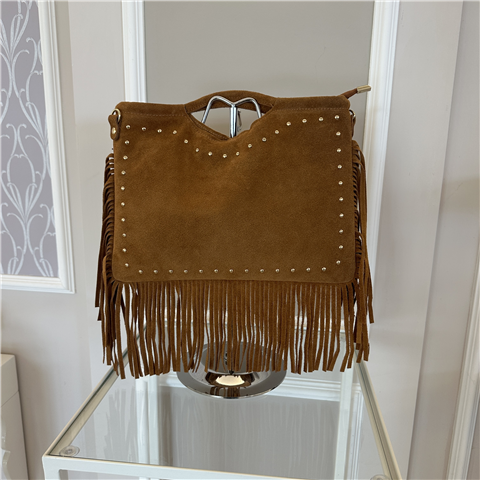 Borsa In Pelle Scamosciata Con Borchie E Frange Art. 6065, Taglia: U, Colore: CUOIO