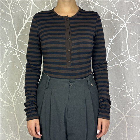 Body A Righe Manica Lunga Girocollo Con Bottoni Art. M38f1176, Taglia: S, Colore: BLU/MORO