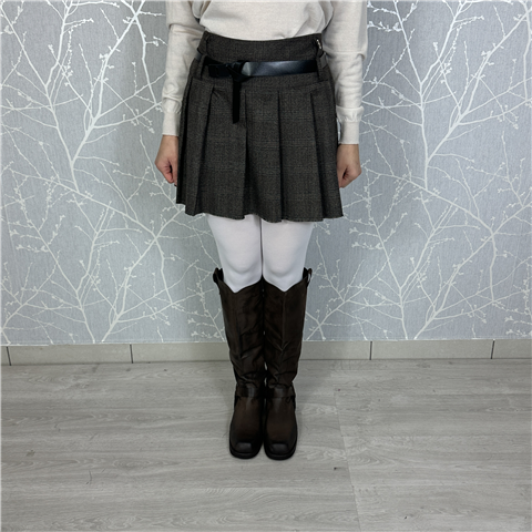 Minigonna A Pieghe Check Con Cintura In Vita Art. D38n0723, Taglia: M, Colore: MORO/BORDEAUX