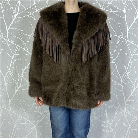 Ecopelliccia Con Frange E Chiusura Con Ganci Art. Ww23c129b, Taglia: M/L, Colore: MORO