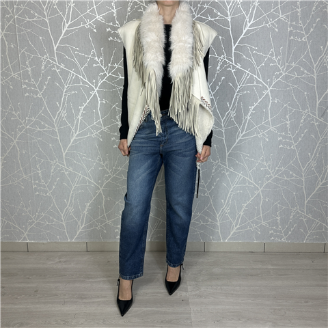 Gilet In Ecopelliccia Con Frange Allacciato In Vita Art. 4324019, Taglia: M/L, Colore: PANNA