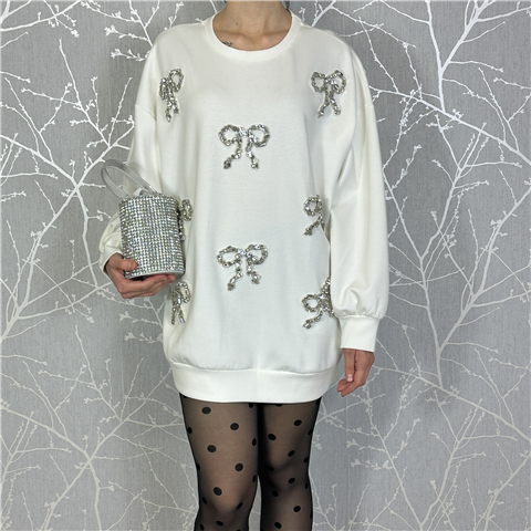 Felpa Over Con Applicazioni Di Fiocchi Gioiello Art. Nogara, Taglia: XS, Colore: BIANCO