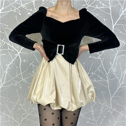 Mini Abito In Velluto Con Fiocco Di Strass Scollo Quadrato E Maniche A Sbuffo Art. Oleggio, Taglia: L, Colore: NERO/BURRO