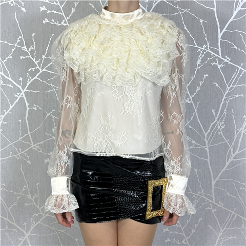 Blusa In Pizzo A Collo Alto Con Volant Sul Davanti Art. Fiano, Taglia: S, Colore: BURRO