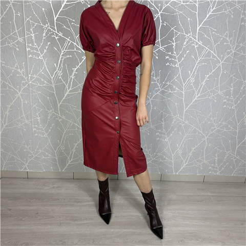 Abito In Ecopelle A Manica Corta Con Drappeggio E Bottoni Sul Davanti Art. Chunky, Taglia: L, Colore: BORGOGNA