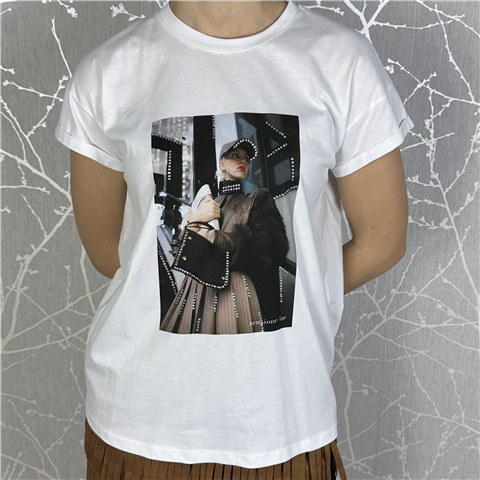 T-shirt M/c Con Stampa E Strass Art. 26m1349, Taglia: U, Colore: BIANCO