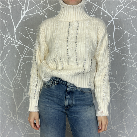 Maglione Collo Alto Con Applicazioni Gioiello E Frange Art. Lauria, Taglia: M, Colore: PANNA