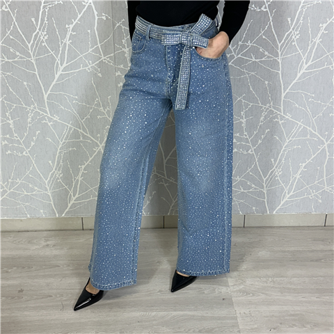 Jeans A Vita Alta E Gamba Larga Con Cintura Gioiello In Vita Art. Murano, Taglia: L, Colore: DENIM BLU