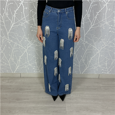 Jeans A Vita Alta Full Lenght Con Decorazioni A Frange In Strass Art. Asciano