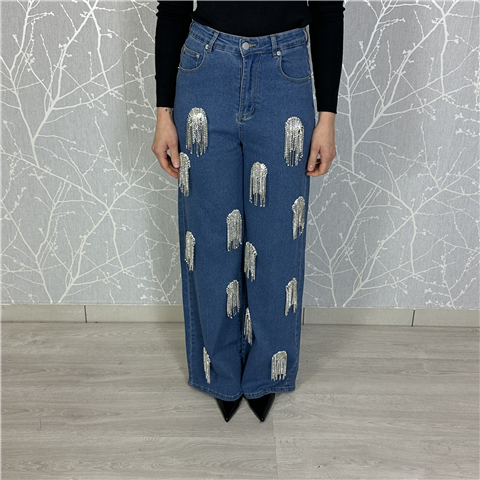Jeans A Vita Alta Full Lenght Con Decorazioni A Frange In Strass Art. Asciano