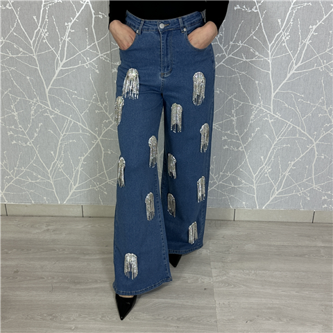 Jeans A Vita Alta Full Lenght Con Decorazioni A Frange In Strass Art. Asciano Jeans A Vita Alta Full Lenght Con Decorazioni A Frange In Strass Art. Asciano, Taglia: L, Colore: DENIM BLU