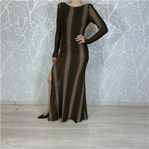 Abito Lungo In Lurex Con Spacco Laterale E Scollo Asimmetrico Sulla Schiena Art. 4324110, Taglia: M, Colore: ORO/VERDE/MARRONE