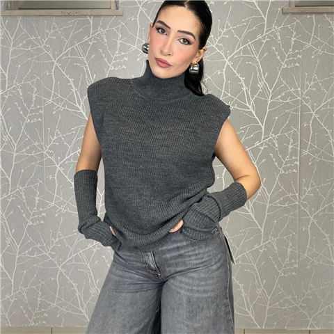 Gilet In Filo Con Collo Alto E Manicotti Art. 77332f