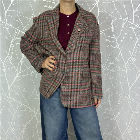 Giacca Check Over Con Spille Art. 26b1392, Taglia: U, Colore: MORO/GRIGIO/FUCSIA
