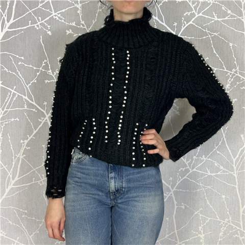 Maglione Collo Alto Con Applicazioni Gioiello E Frange Art. Lauria Maglione Collo Alto Con Applicazioni Gioiello E Frange Art. Lauria, Taglia: M, Colore: NERO