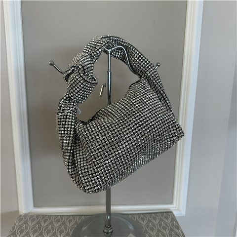 Borsa A Mano Full Strass Con Tracolla Di Catena Inclusa Art. B2405, Taglia: U, Colore: ARGENTO/NERO