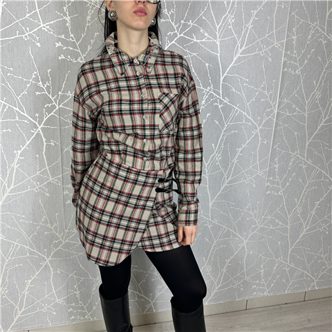 Abito Check A Camicia Con Spille E Fibbie Art. A10970, Taglia: M, Colore: BEIGE