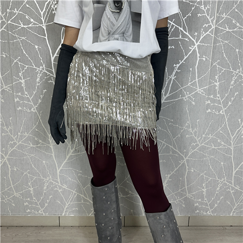 Minigonna Con Frange Di Paillettes Art. Ggep125, Taglia: XS, Colore: CHAMPAGNE