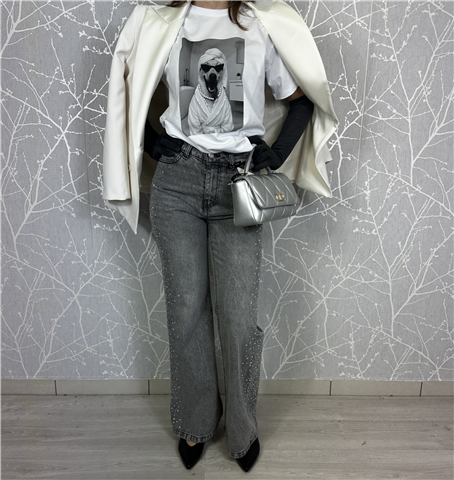 Jeans Con Applicazioni Strass Laterali Art. Pgzp253, Taglia: XS, Colore: DENIM GRIGIO