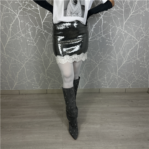 Minigonna Con Pizzo E Paillettes Art. Gmap116, Taglia: M, Colore: ARGENTO