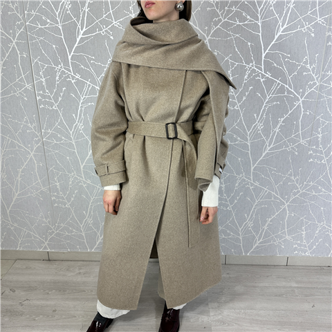 Cappotto Con Spalla Scesa Cintura E Sciarpa Art. Khbp002, Taglia: M, Colore: TORTORA