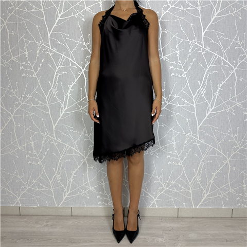 Abito Asimmetrico Con Dettagli In Pizzo Spacco Laterale E Scollo Sulla Schiena Art. F38x0650, Taglia: M, Colore: EBANO