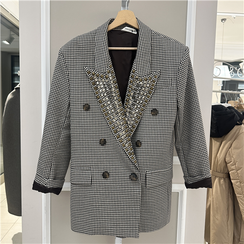 Giacca Doppio Petto Pied De Poul Con Borchie Sul Rever Art. 37365, Taglia: S, Colore: PANNA/NERO