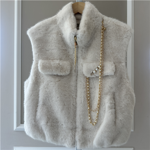 Gilet Corto In Ecopelliccia Con Dettagli Gold E Perla Art. 4324168, Taglia: M/L, Colore: PANNA