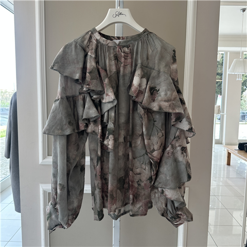 Blusa Floreale Con Volant Chiffon Art. L22030c, Taglia: 40, Colore: SALVIA