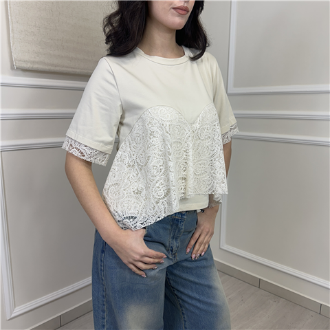 T-shirt Con Balza In Pizzo Sul Davanti Art. Tmaq015, Taglia: M, Colore: PANNA