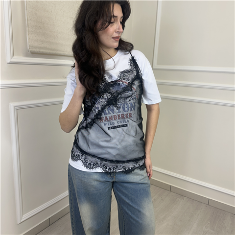 T-shirt Con Stampa E Top In Pizzo Art. Tmaq031, Taglia: U, Colore: BIANCO