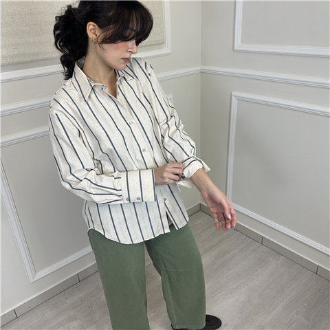 Camicia Ampia Righe E Strass Art. Cvsq056, Taglia: M, Colore: BURRO/GRIGIO