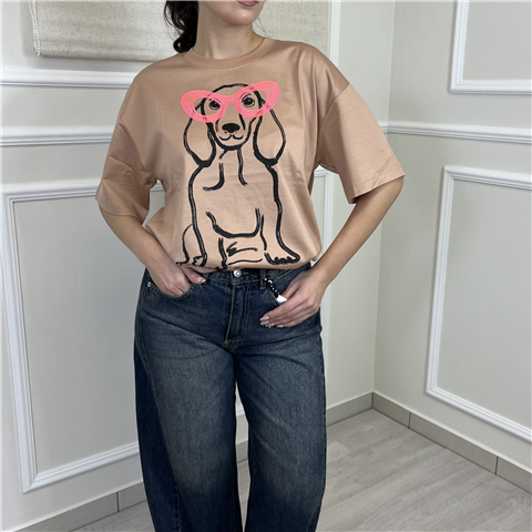 T-shirt Over Con Stampa E Ricamo Art. 261aq2010, Taglia: L, Colore: BEIGE