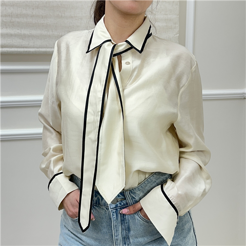 Camicia In Mussola Con Cravatta Applicata Art. C10991 Camicia In Mussola Con Cravatta Applicata Art. C10991, Taglia: S, Colore: PANNA