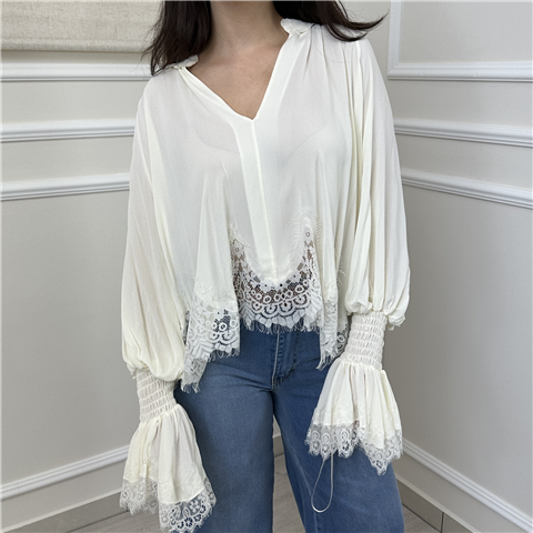 Blusa Scollo A V Con Pizzo Ed Elastico Ai Polsi Ars. S26c533, Taglia: U, Colore: AVORIO