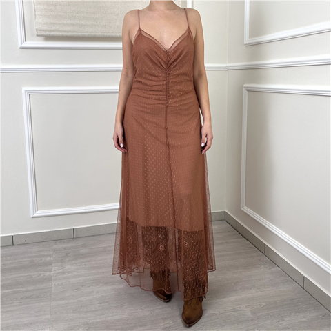 Abito In Tulle Plumetis Con Arricciatura Davanti E Pizzo Al Fondo Art. 261tp2360, Taglia: 42, Colore: MOKAMOUSSE