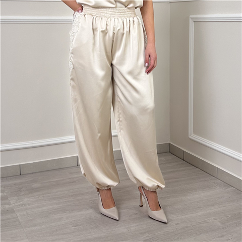 Pantalone Baloon In Raso Con Dettaglio In Pizzo Art. Tab0999, Taglia: M, Colore: BURRO