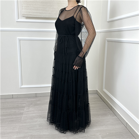 Abito Lungo In Plumetis Con Sottoveste In Pizzo Art. 261tp2770, Taglia: 40, Colore: NERO