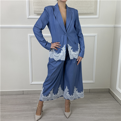 Pantalone Palazzo Con Cintura E Pizzo Al Fondo Art. 261ap2291, Taglia: L, Colore: DARK SKYLINE