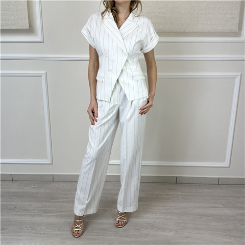 Pantalone Fluido Gessato Con Pinces E Tasche Alla Francese Art. 261ap2084, Taglia: M, Colore: BIANCO