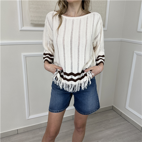 Maglia Scollo A Barchetta Con Frange Art. 261ap3061, Taglia: L, Colore: MILK/CHOCO